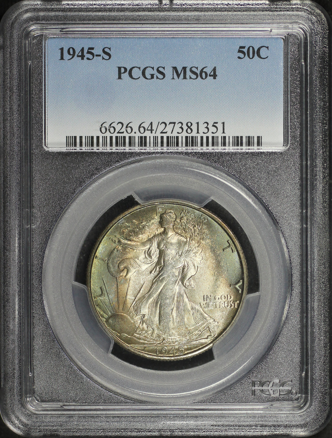 Obverse of this 1945-S Walking Liberty Half Dollar PCGS MS-64