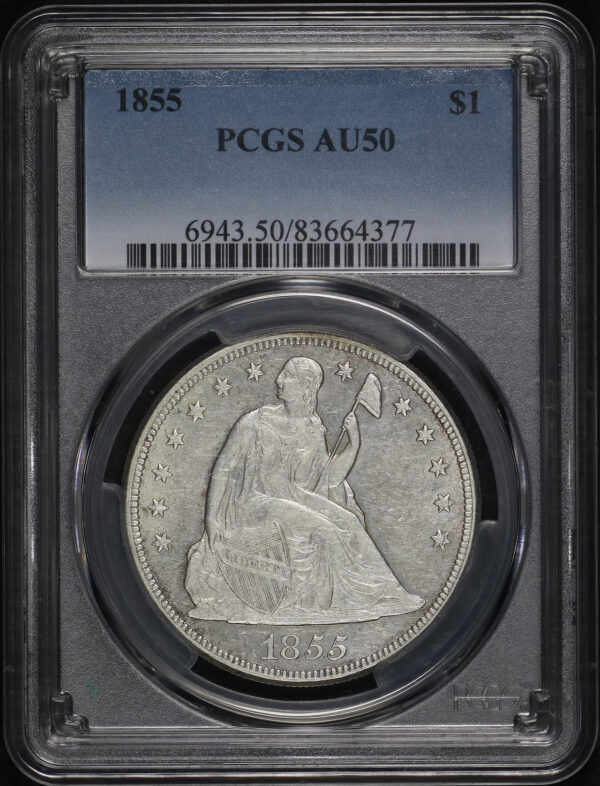 Obverse of this 1855 Liberty Seated Dollar PCGS AU-50