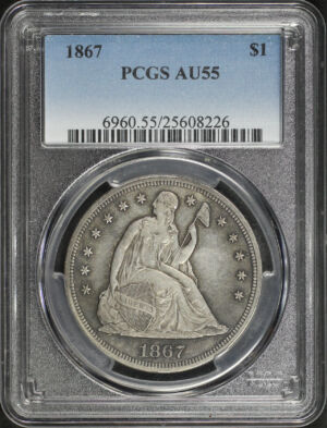 Obverse of this 1867 Liberty Seated Dollar PCGS AU-55