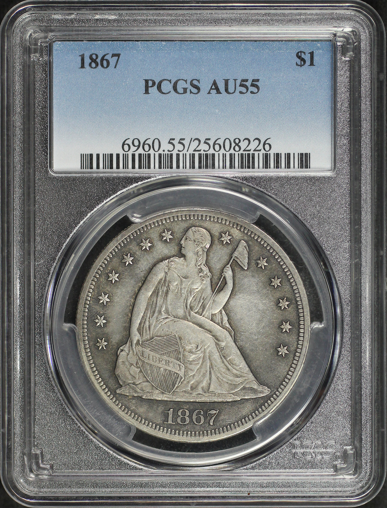 Obverse of this 1867 Liberty Seated Dollar PCGS AU-55