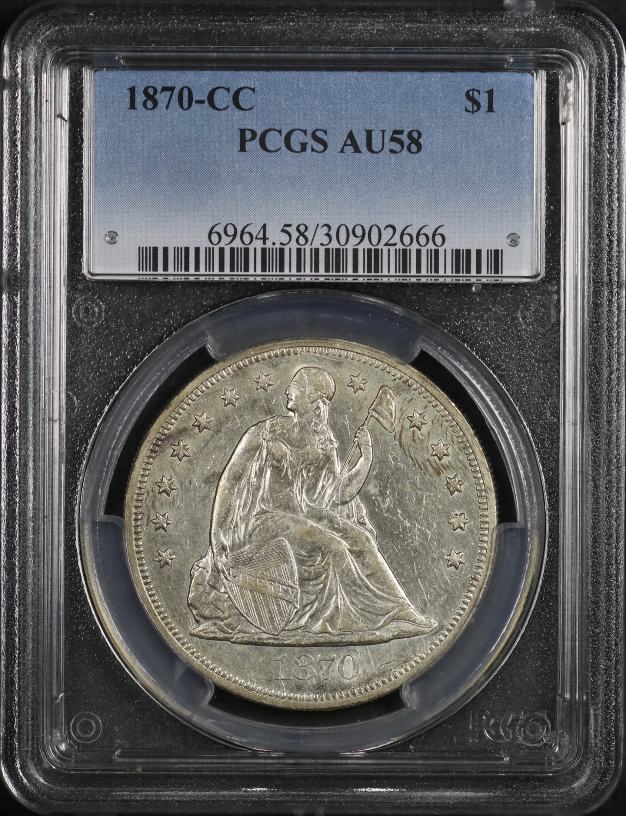 Obverse of this 1870-CC Liberty Seated Dollar PCGS AU-58