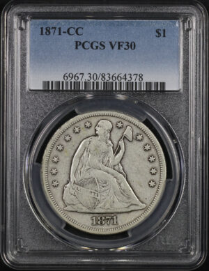 Obverse of this 1871-CC Liberty Seated Dollar PCGS VF-30