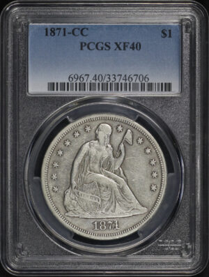 Obverse of this 1871-CC Liberty Seated Dollar PCGS XF-40