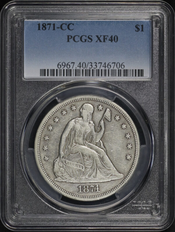 Obverse of this 1871-CC Liberty Seated Dollar PCGS XF-40