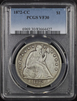 Obverse of this 1872-CC Liberty Seated Dollar PCGS VF-30