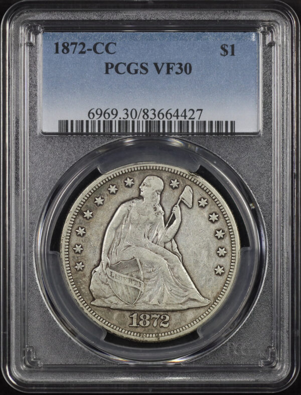 Obverse of this 1872-CC Liberty Seated Dollar PCGS VF-30