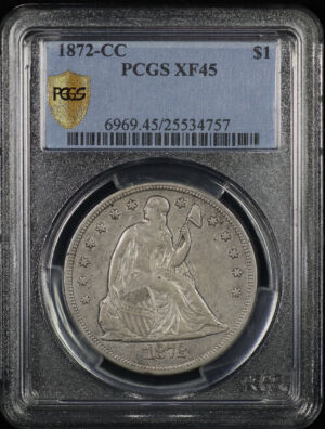 Obverse of this 1872-CC Liberty Seated Dollar PCGS XF-45