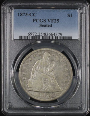 Obverse of this 1873-CC Liberty Seated Dollar PCGS VF-25