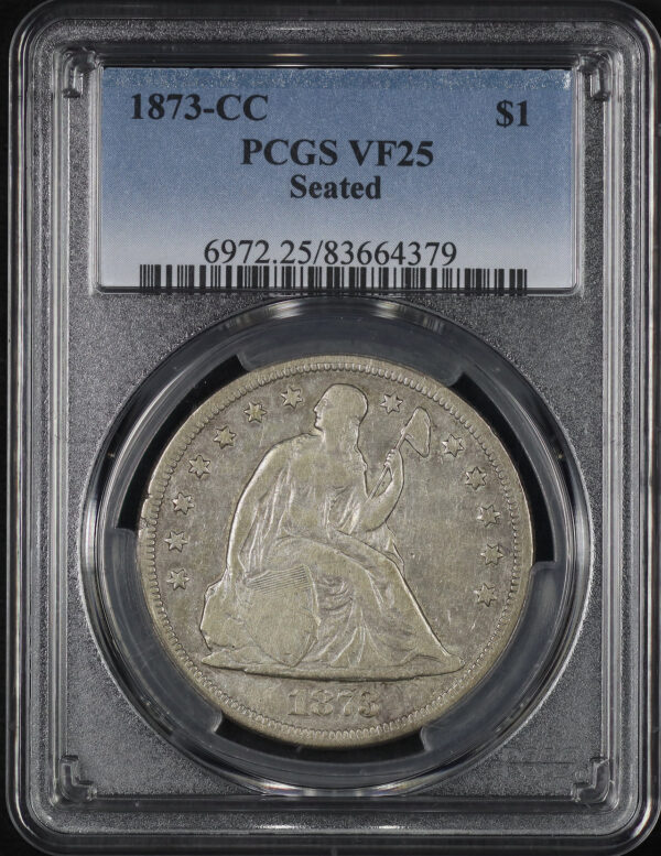 Obverse of this 1873-CC Liberty Seated Dollar PCGS VF-25
