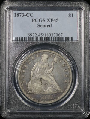 Obverse of this 1873-CC Liberty Seated Dollar PCGS XF-45