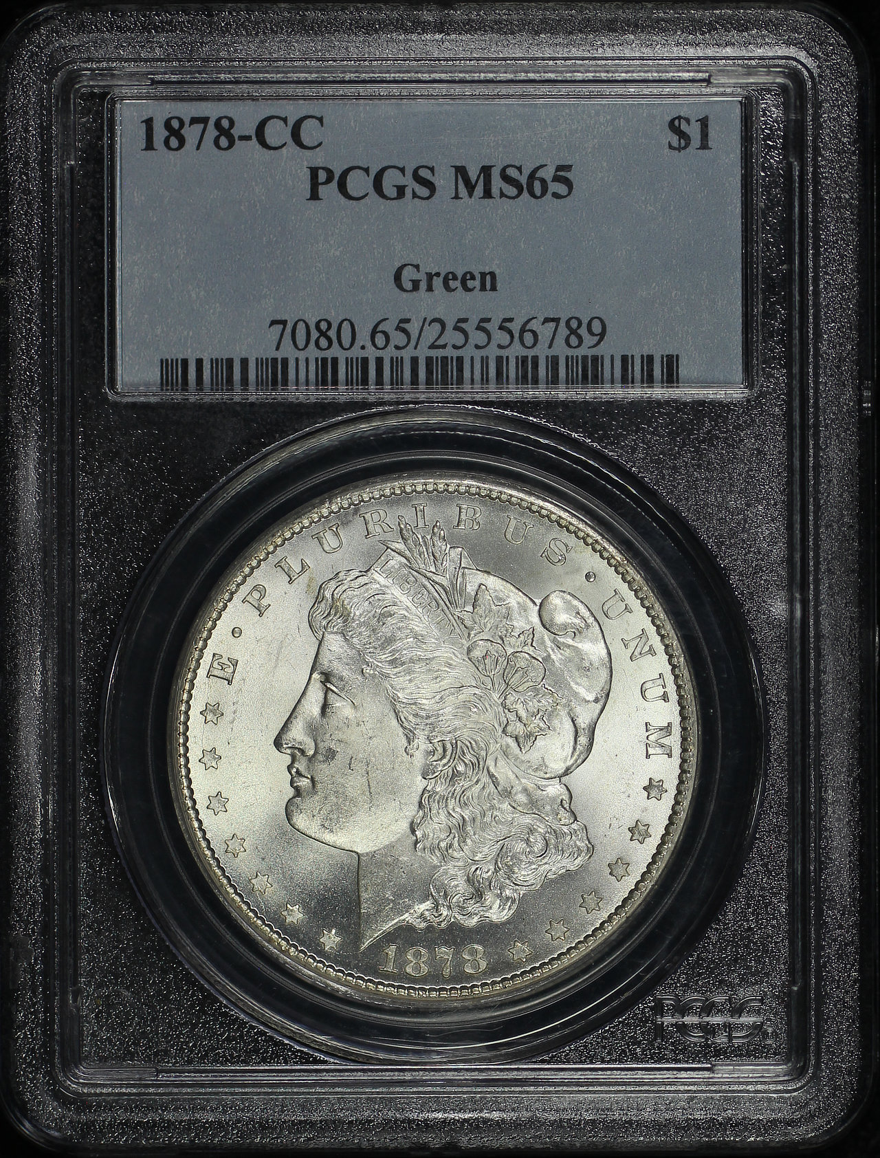 Obverse of this 1878-CC Morgan Dollar PCGS MS-65 Green