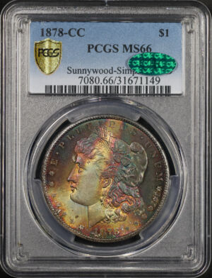 Obverse of this 1878-CC Morgan Dollar PCGS MS-66 CAC Sunnywood-Simpson-RSD Hoard Rainbow Obverse EOR/Tab Toning