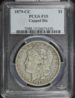 Obverse of this 1879-CC Morgan Dollar Capped Die PCGS F-15