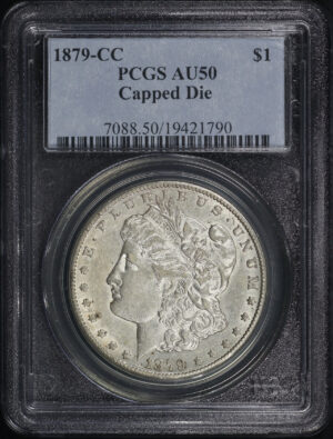 Obverse of this 1879-CC Morgan Dollar Capped Die PCGS AU-50