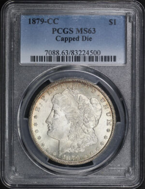 Obverse of this 1879-CC Morgan Dollar Capped Die PCGS MS-63
