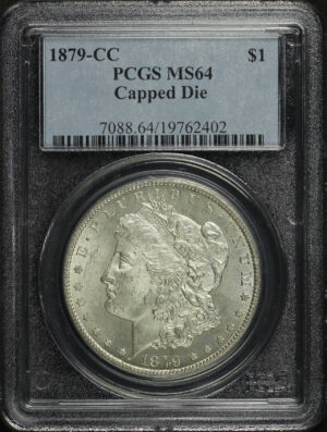 Obverse of this 1879-CC Morgan Dollar Capped Die PCGS MS-64