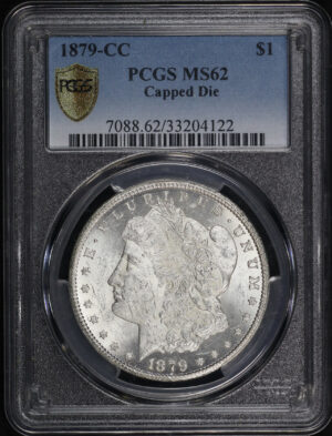 Obverse of this 1879-CC Morgan Dollar Capped Die PCGS MS-62