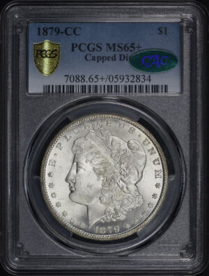 Obverse of this 1879-CC Morgan Dollar Capped Die PCGS MS-65+ CAC (Top pop 5/0 at PCGS)