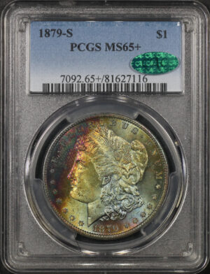 Obverse of this 1879-S Morgan Dollar PCGS MS-65+ CAC Textile Banded Rainbow Toning