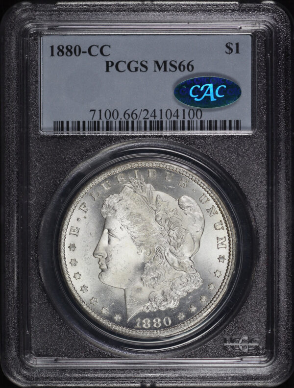 Obverse of this 1880-CC Morgan Dollar PCGS MS-66 CAC