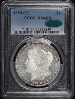 Obverse of this 1880-CC Morgan Dollar PCGS MS-64 PL CAC
