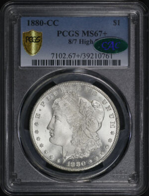Obverse of this 1880-CC 8/High 7 Morgan Dollar PCGS MS-67+ CAC (top pop 3/0 at PCGS)