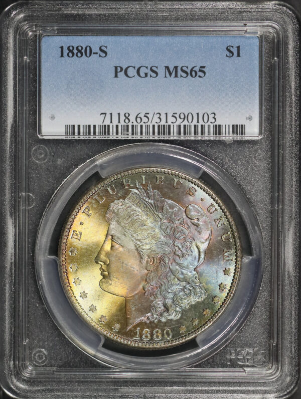 Obverse of this 1880-S Morgan Dollar PCGS MS-65 Dark Cartwheel Obverse Toning