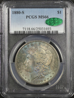 Obverse of this 1880-S Morgan Dollar PCGS MS-66 CAC Rainbow Toning