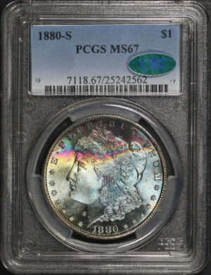 Obverse of this 1880-S Morgan Dollar PCGS MS-67 Banded Rainbow Obverse Toning
