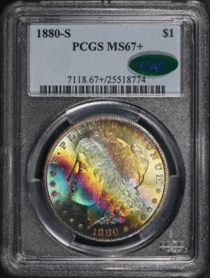 Obverse of this 1880-S Morgan Dollar PCGS MS-67+ CAC Vibrant Banded Rainbow Obverse Toning