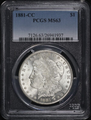 Obverse of this 1881-CC Morgan Dollar PCGS MS-63