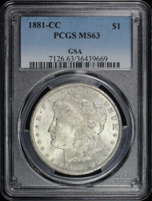 Obverse of this 1881-CC Morgan Dollar GSA PCGS MS-63