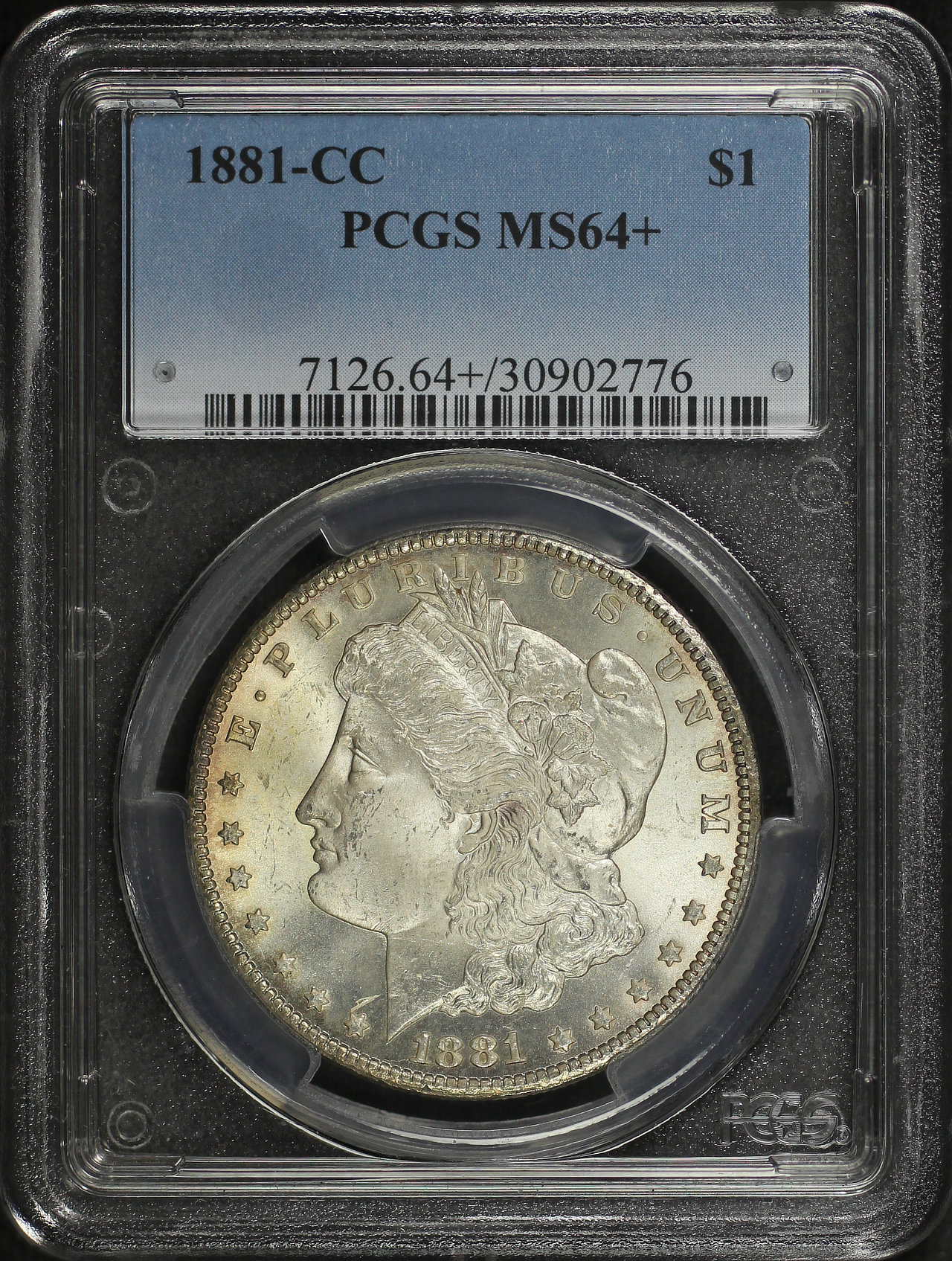 Obverse of this 1881-CC Morgan Dollar PCGS MS-64+