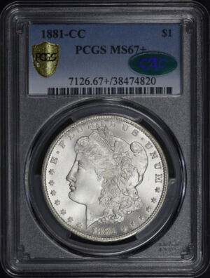 Obverse of this 1881-CC Morgan Dollar PCGS MS-67+ CAC (pop 42/5 at PCGS)