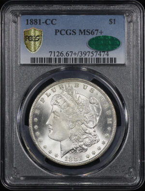 Obverse of this 1881-CC Morgan Dollar PCGS MS-67+ CAC