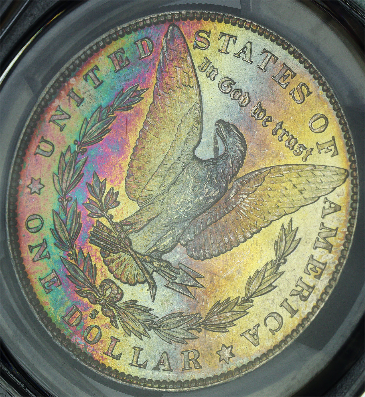 Gallery image of this 1881-S Morgan Dollar PCGS MS-64 Doily Label Vibrant Banded Rainbow Reverse Toning