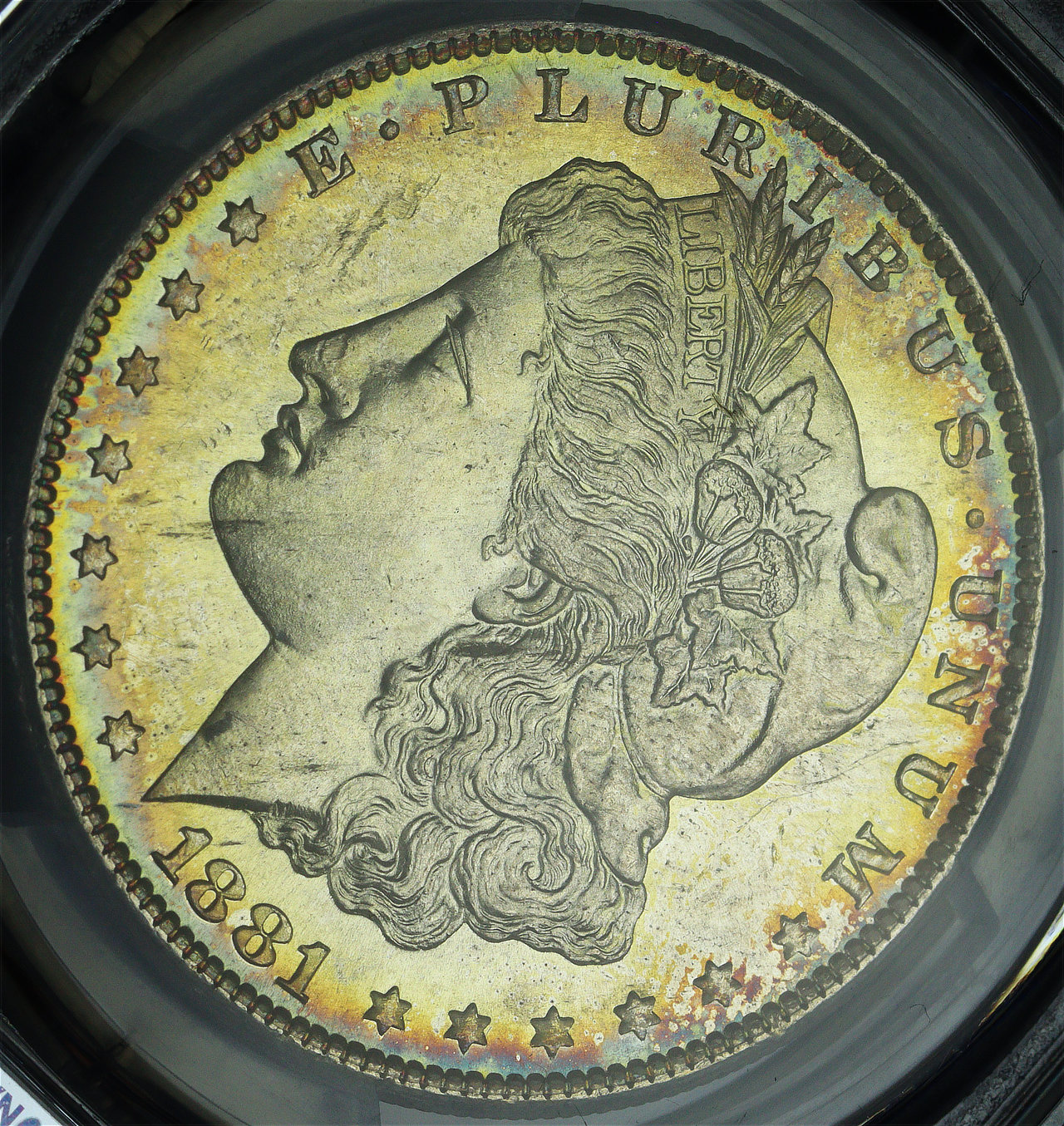 Gallery image of this 1881-S Morgan Dollar PCGS MS-64 Doily Label Vibrant Banded Rainbow Reverse Toning