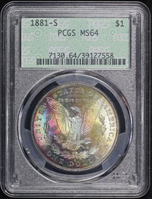Obverse of this 1881-S Morgan Dollar PCGS MS-64 Doily Label Vibrant Banded Rainbow Reverse Toning