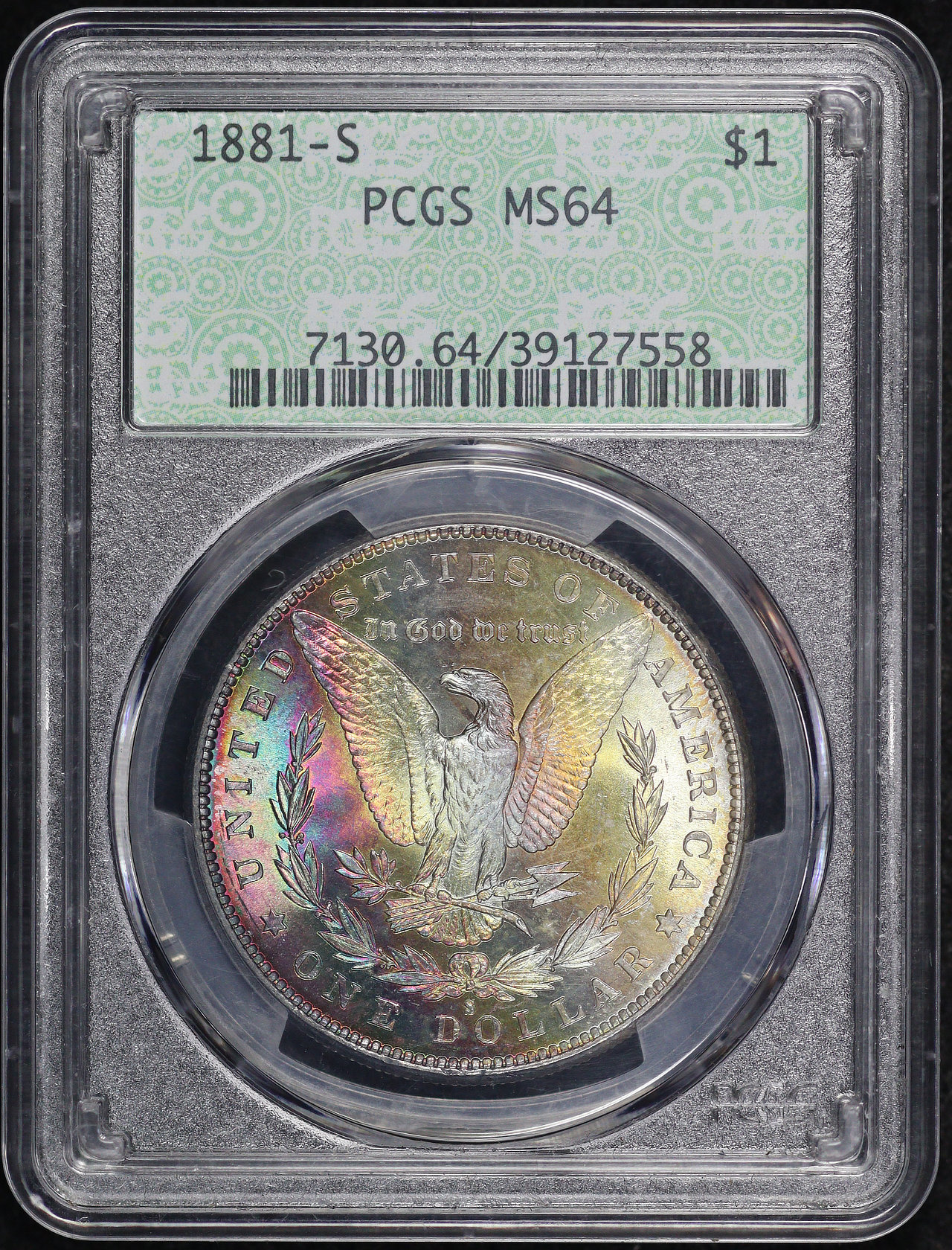 Obverse of this 1881-S Morgan Dollar PCGS MS-64 Doily Label Vibrant Banded Rainbow Reverse Toning