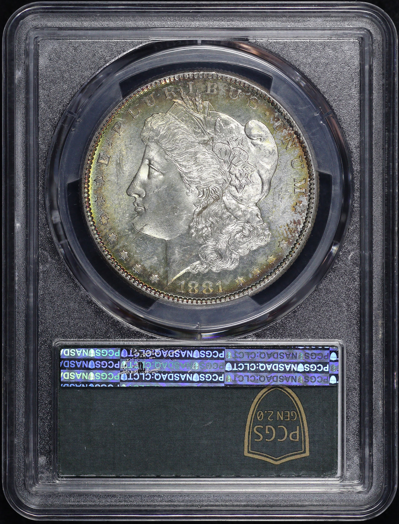 Reverse of this 1881-S Morgan Dollar PCGS MS-64 Doily Label Vibrant Banded Rainbow Reverse Toning