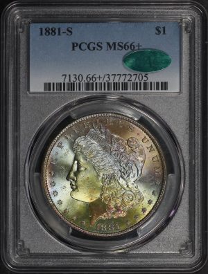 Obverse of this 1881-S Morgan Dollar PCGS MS-66+ CAC Dark Cartwheel Obverse Toning