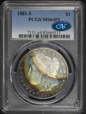 Obverse of this 1881-S Morgan Dollar PCGS MS-64 PL CAC Obverse Crescent Rainbow Toning 