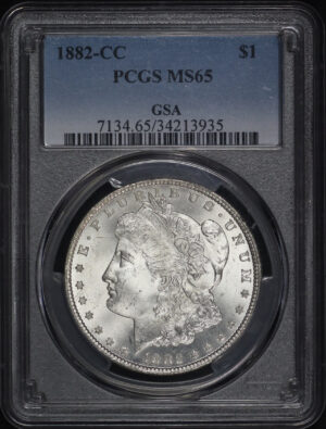 Obverse of this 1882-CC Morgan Dollar PCGS MS-65 GSA Label