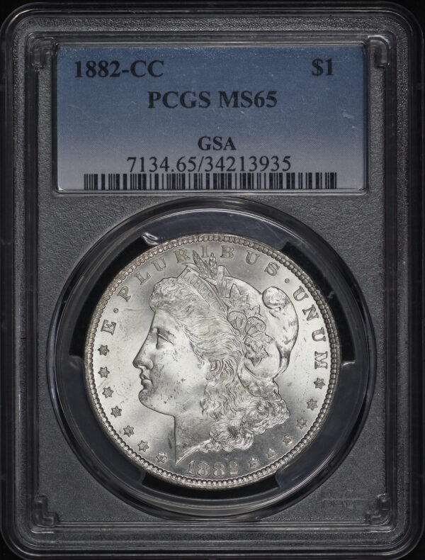 Obverse of this 1882-CC Morgan Dollar PCGS MS-65 GSA Label