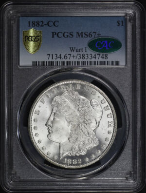 Obverse of this 1882-CC Morgan Dollar PCGS MS-67+ CAC Wurt I (pop 17/1 at PCGS)