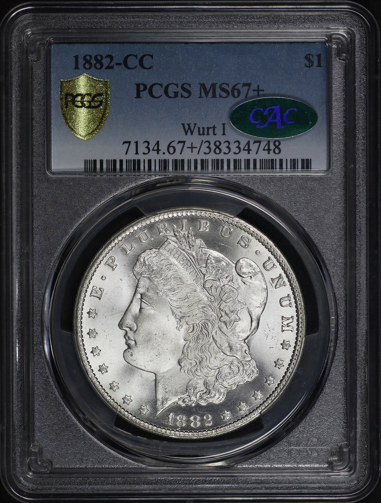 Obverse of this 1882-CC Morgan Dollar PCGS MS-67+ CAC Wurt I (pop 17/1 at PCGS)