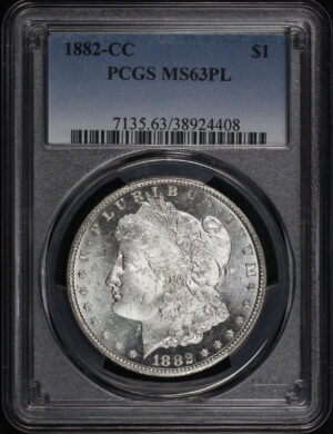 Obverse of this 1882-CC Morgan Dollar PCGS MS-63 PL
