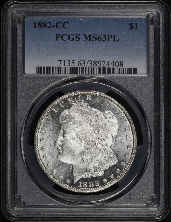 Obverse of this 1882-CC Morgan Dollar PCGS MS-63 PL