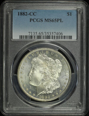 Obverse of this 1882-CC Morgan Dollar PCGS MS-65 PL