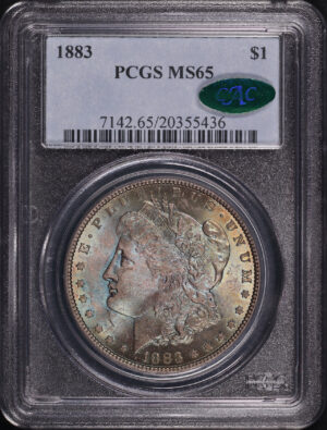 Obverse of this 1883 Morgan Dollar PCGS MS-65 CAC Blue, Green, & Orange Toning